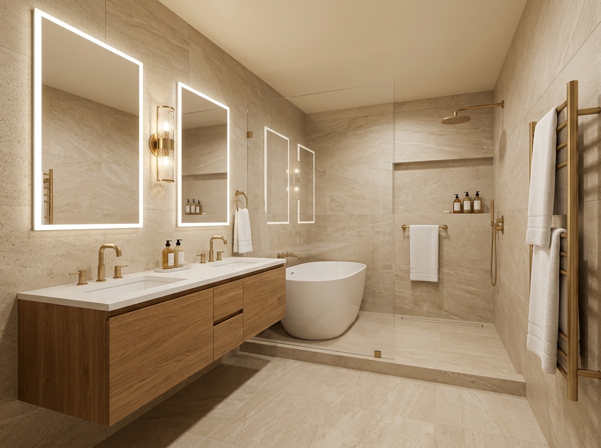 Spa bathroom with freestanding tub and gold fixtures after remodeling