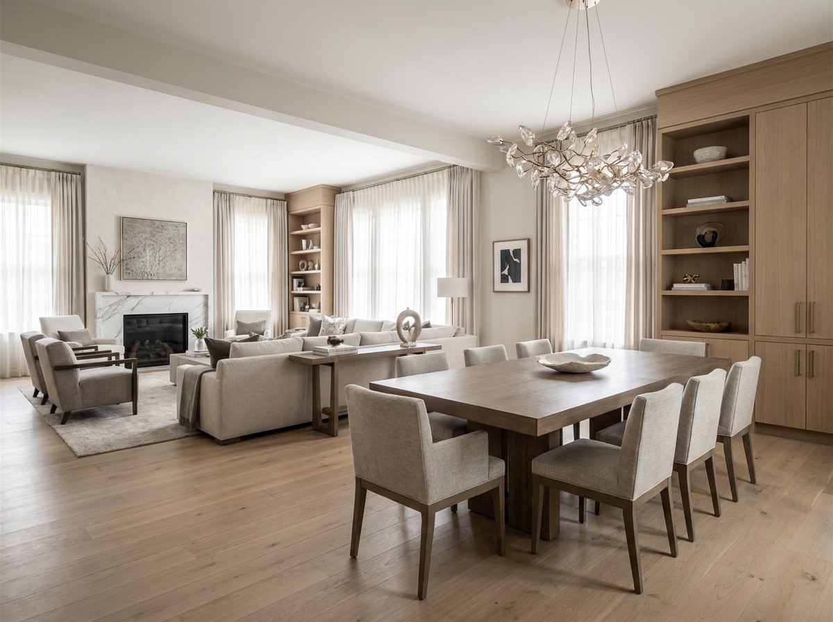 Open modern luxury living and dining space after renovation